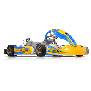 EOS 30mm full-size OTK kart chassis in yellow and blue livery